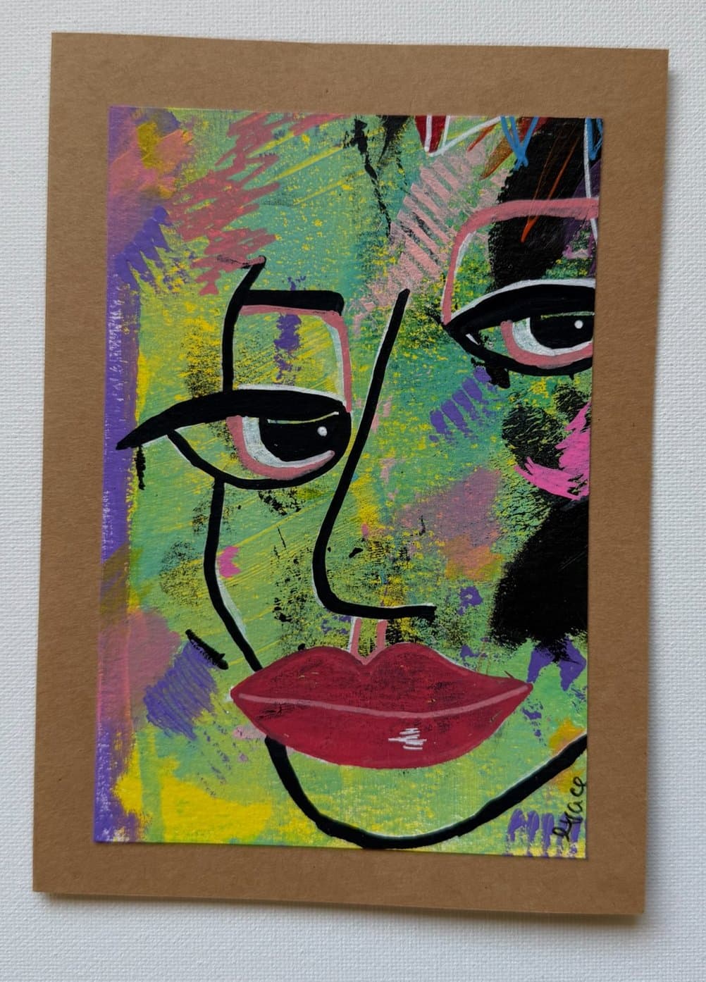 Sideways Glance, hand-painted card by Grace Vieira